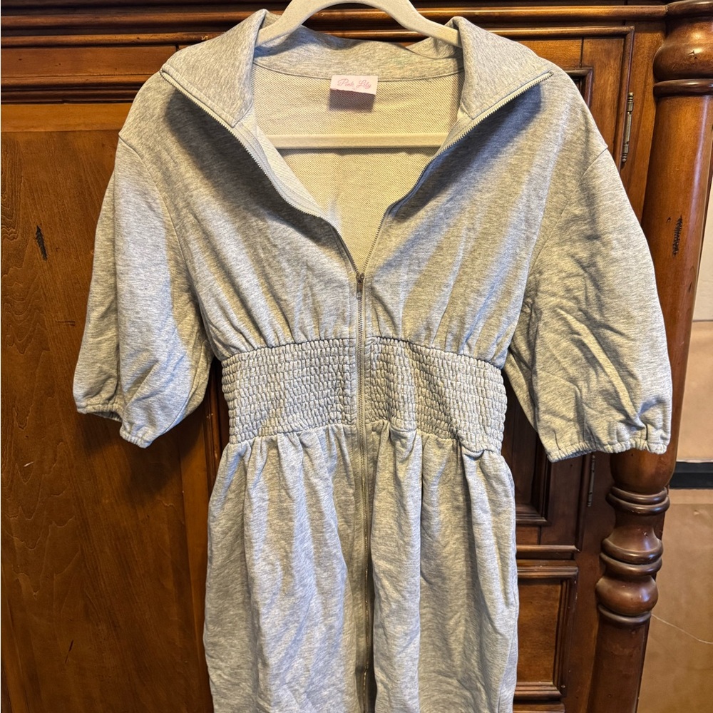 Pink Lily Puff Sleeve Gray Knit Zip-Front  Mini Dress L